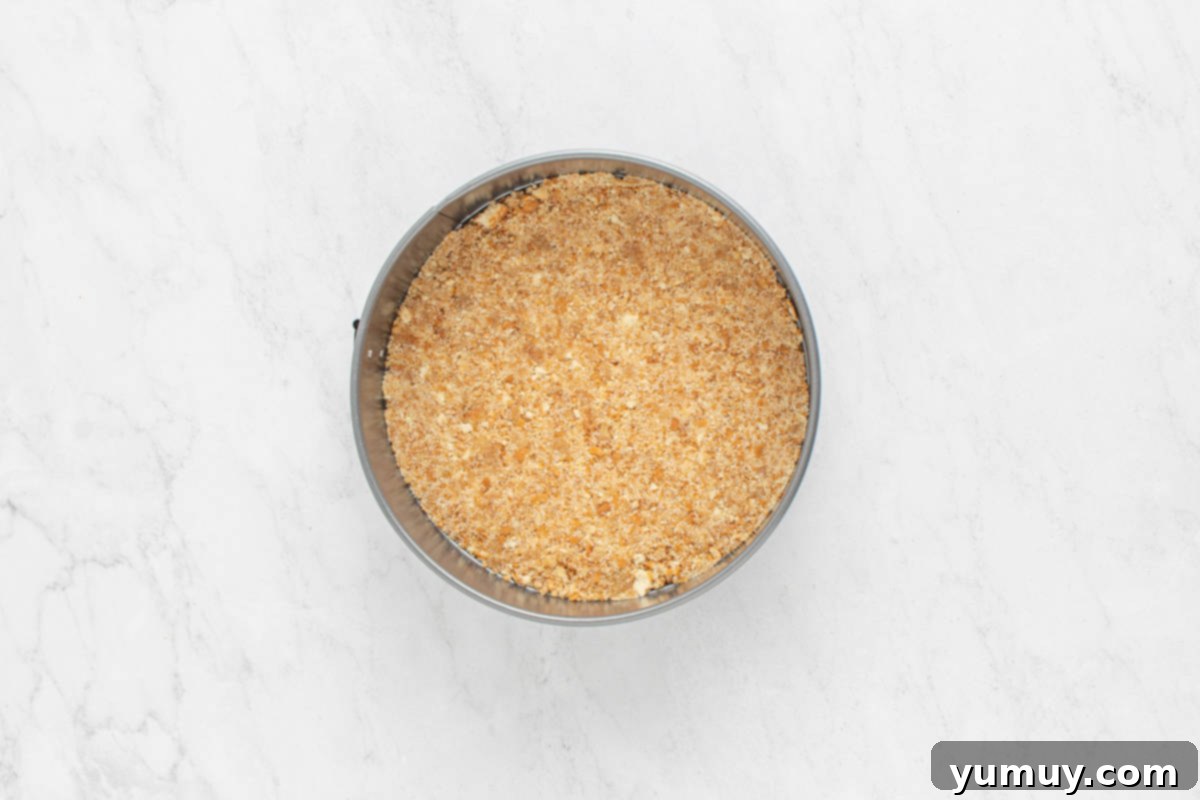 The compacted vanilla wafer crust, perfectly pressed into the base of a 9-inch springform pan and ready for chilling, forms the solid foundation of the cheesecake.