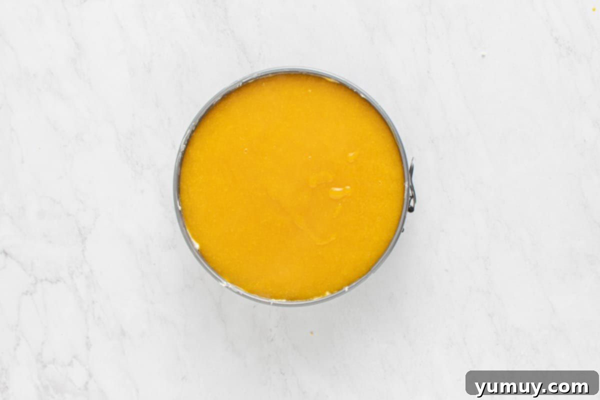 The completed no-bake mango cheesecake, elegantly topped with a generous layer of bright orange mango jam, showcasing its readiness for serving.