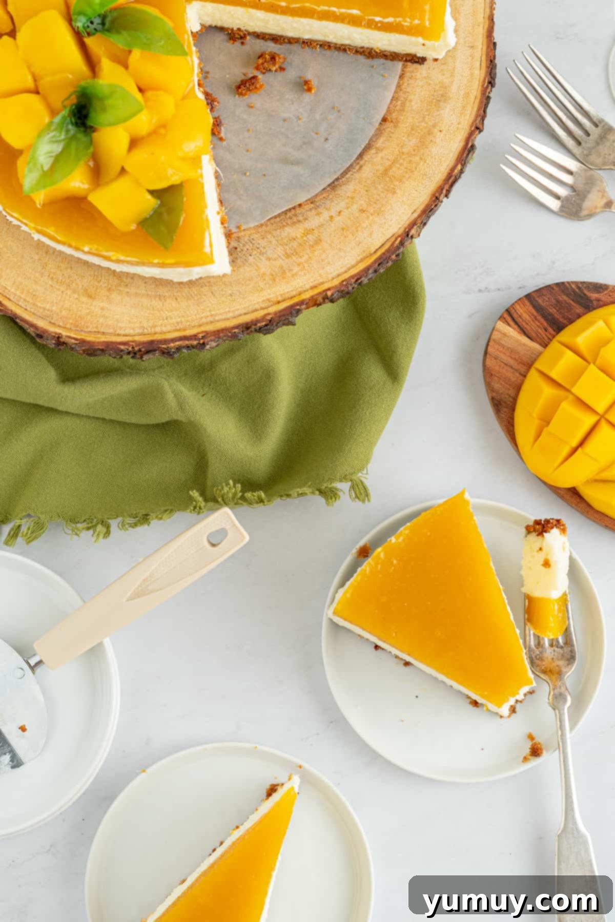 A close-up shot of a single slice of no-bake mango cheesecake on a pristine white plate, showcasing its golden crust, creamy white filling, and a generous layer of glistening mango jam, ready to be enjoyed.