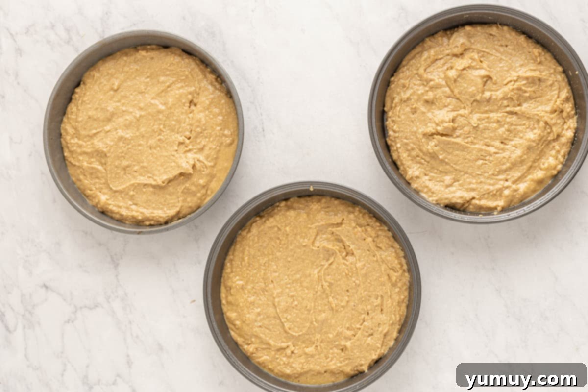 smores cake batter divided evenly between three 9-inch cake pans.