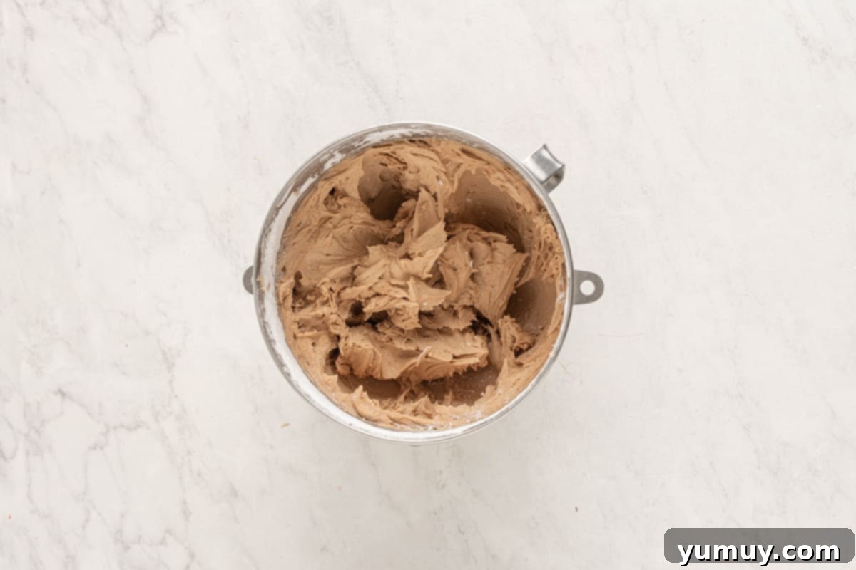 fluffy chocolate buttercream in a stainless mixing bowl.
