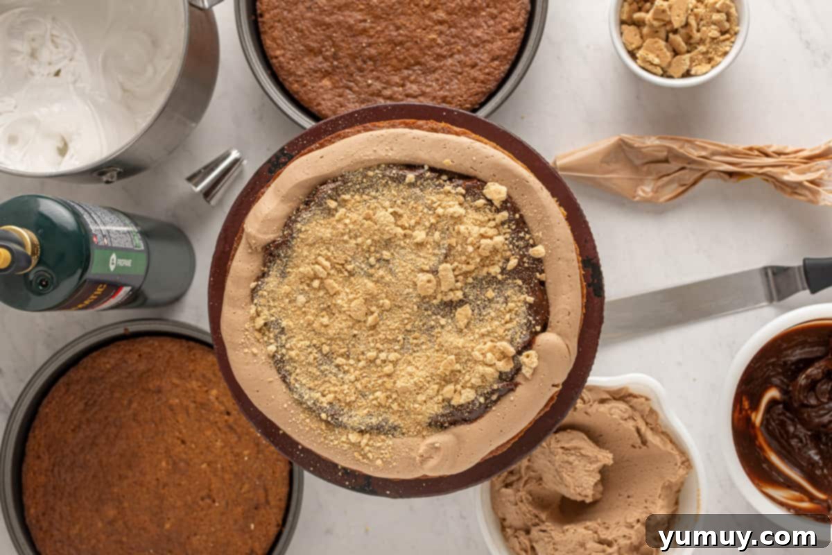 graham cracker crumbs sprinkled over chocolate ganache surrounded a chocolate frosting dam on a layer of graham cracker cake on a cake stand.