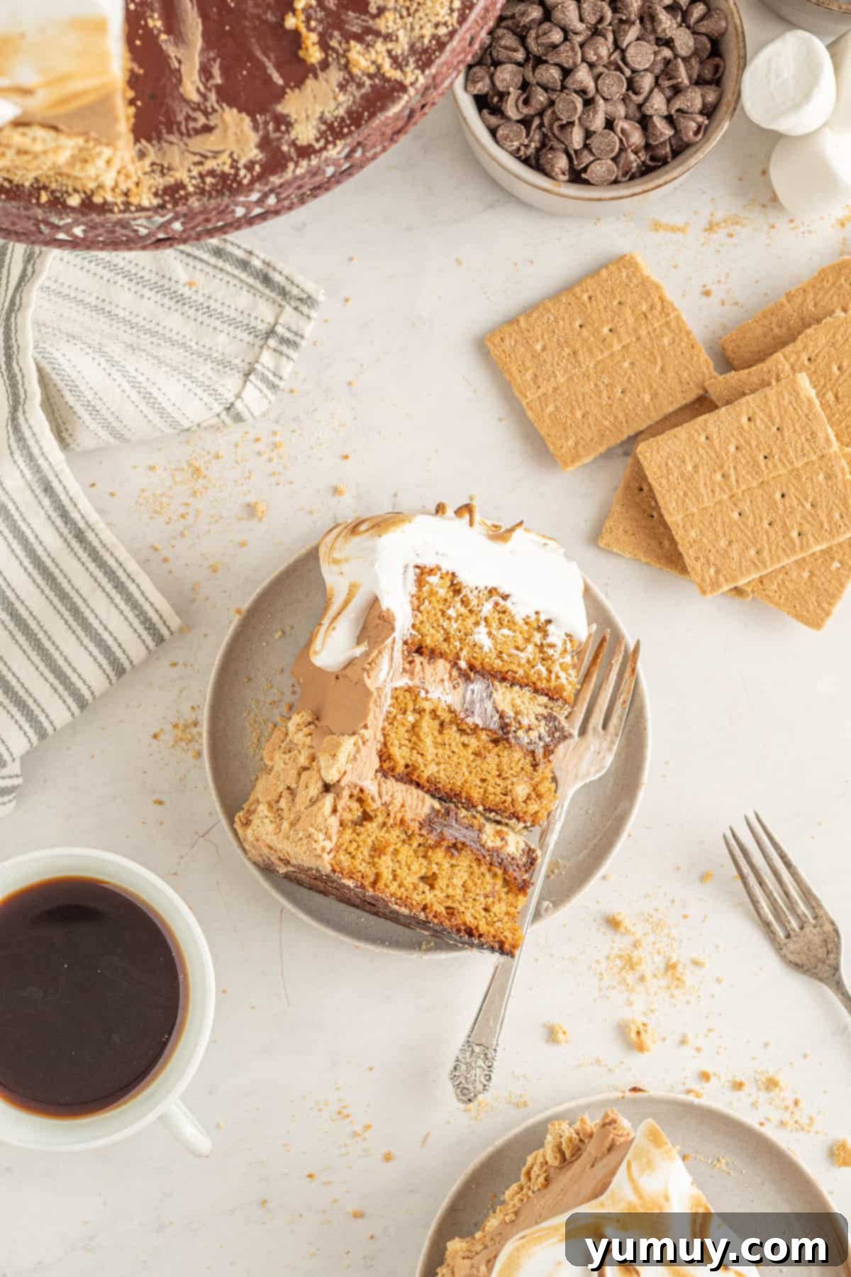 overhead view of a slice of smores cake on its side on a white plate with a fork, with graham crackers and chocolate chips scattered off to the side