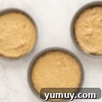 smores cake batter divided evenly between three 9-inch cake pans.