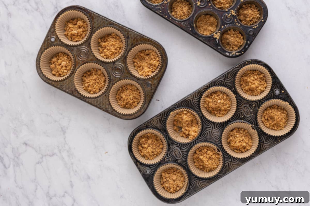 Graham cracker crust pressed firmly into the wells of cupcake tins, ready for baking.