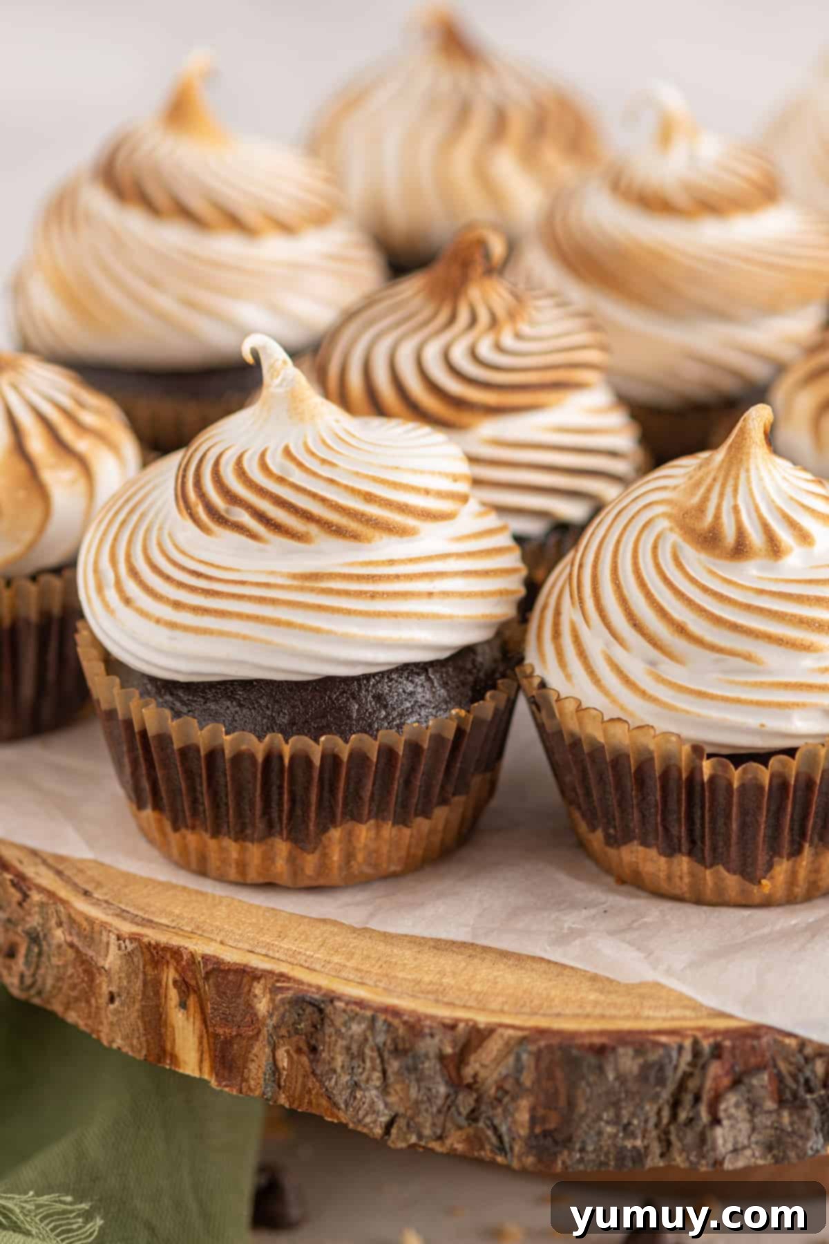 Close up three-quarters view of chocolate s'mores cupcakes topped with marshmallow meringue, arranged on a rustic wooden cake stand.