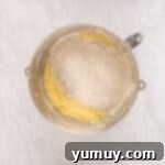 a bowl of flour and cornmeal on a marble countertop.