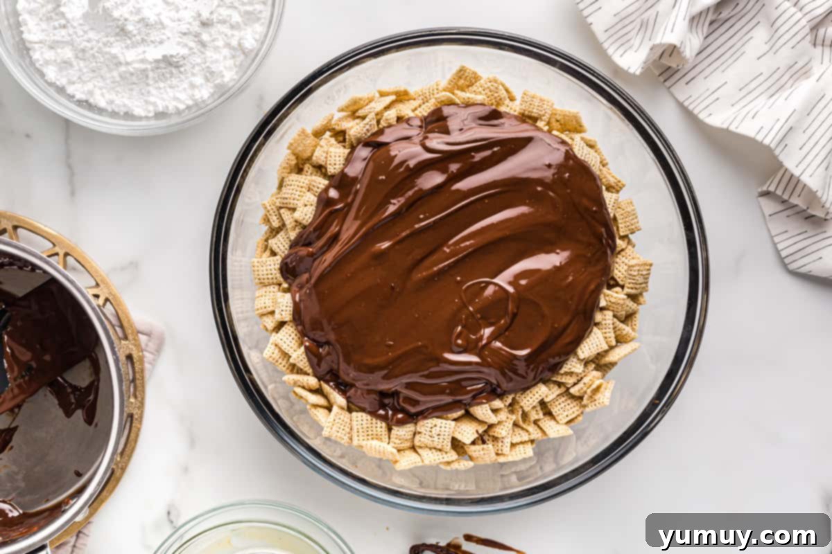 DIY Puppy Chow Perfection 8 A bowl of cereal with chocolate mixture being poured over it.