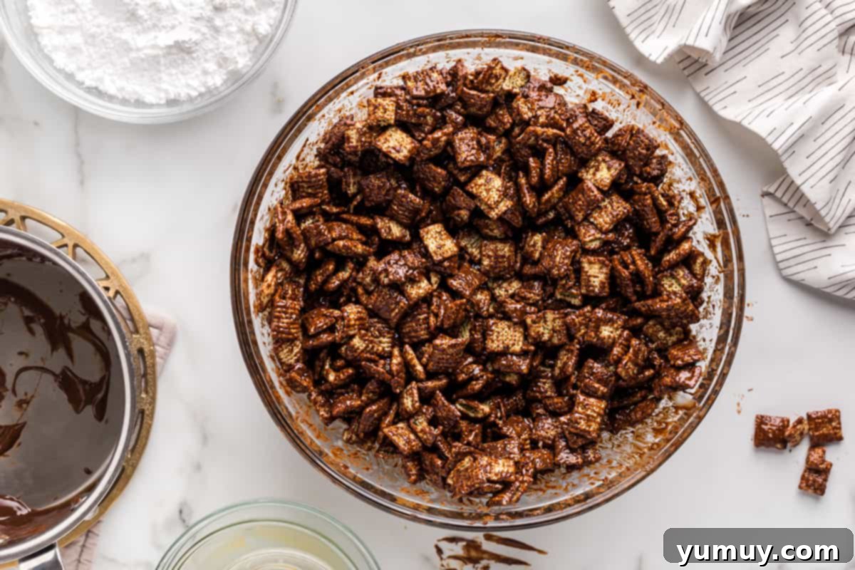 DIY Puppy Chow Perfection 9 A bowl of Chex cereal fully coated in melted chocolate and peanut butter.