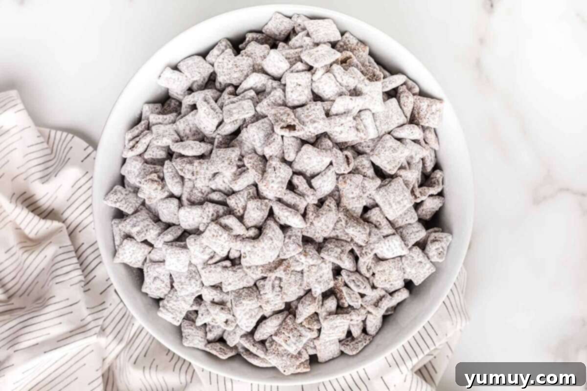 DIY Puppy Chow Perfection 15 A bowl of powdered sugar coated puppy chow, ready to be eaten.