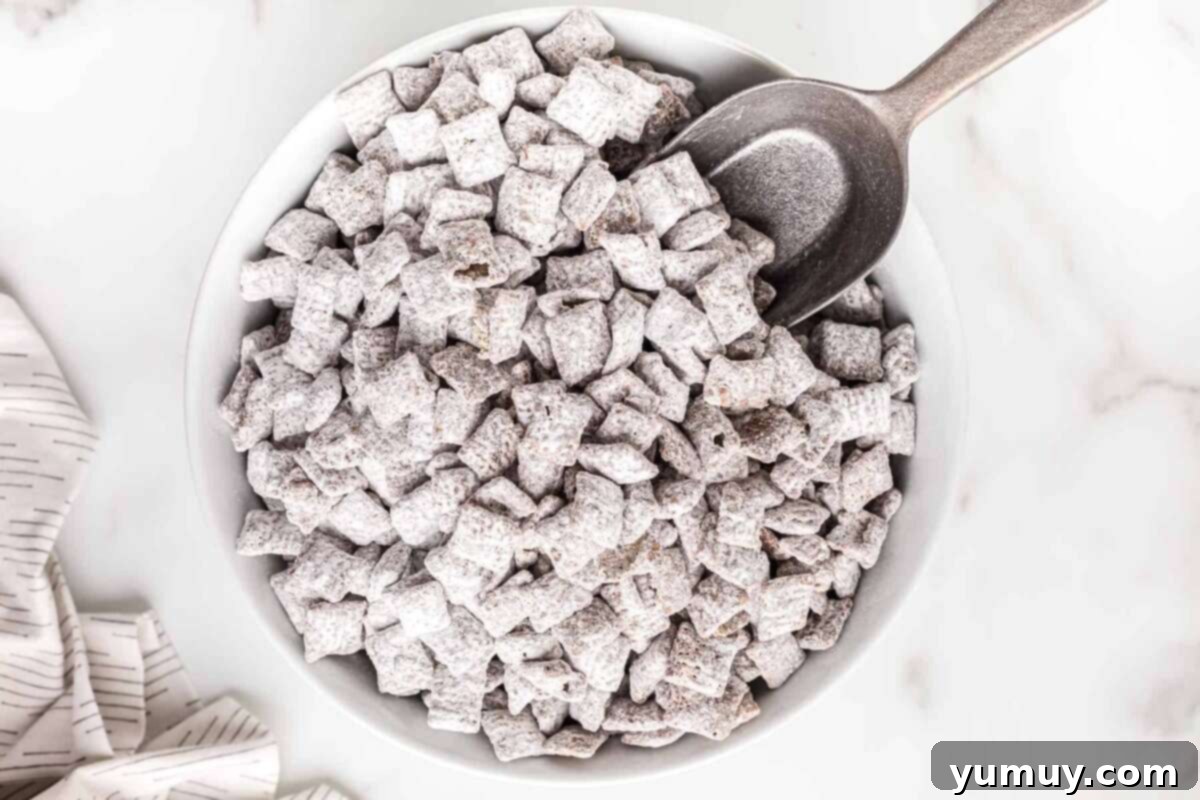 DIY Puppy Chow Perfection 3 A bowl of puppy chow snack mix with a serving scoop, ready for a party.