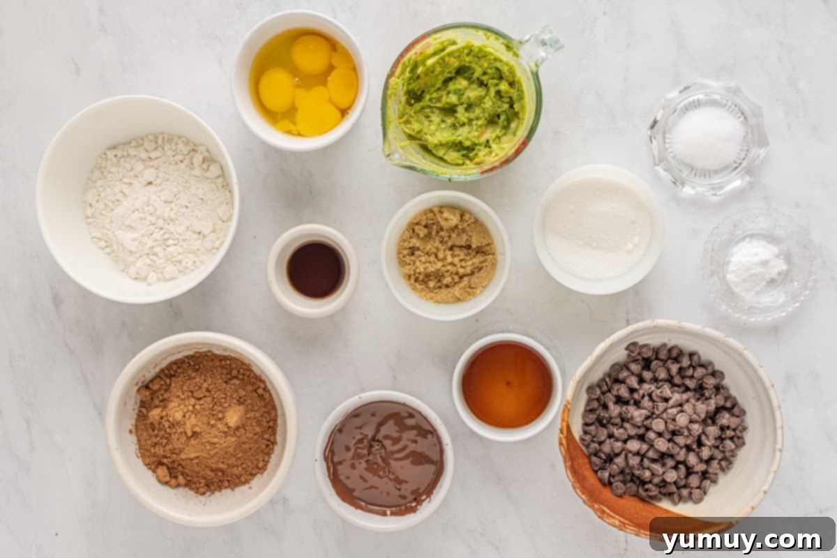 Emerald Fudge Brownies 11 overhead view of ingredients for avocado brownies.