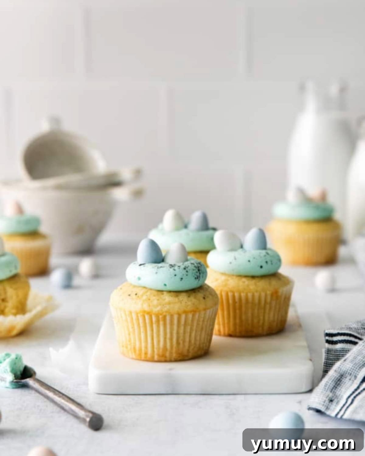 robin's egg cupcakes on a countertop