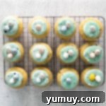 overhead view of 12 easter cupcakes on a wire rack.