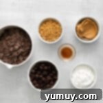 The ingredients for chocolate peanut butter ice cream in bowls on a white background.