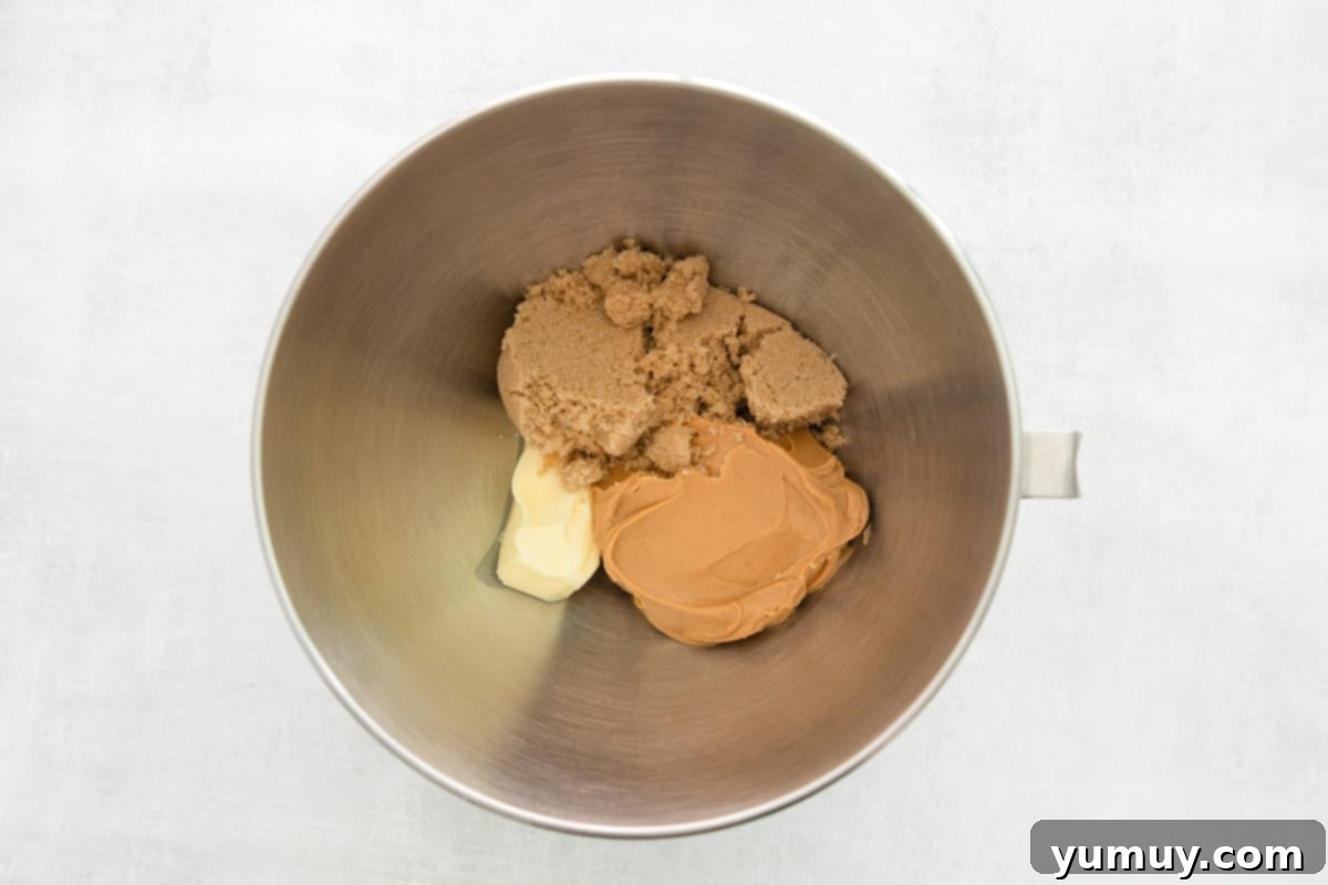 No-Bake Monster Cookie Dough 7 A metal mixing bowl containing creamy peanut butter, softened butter, and brown sugar, ready for creaming.