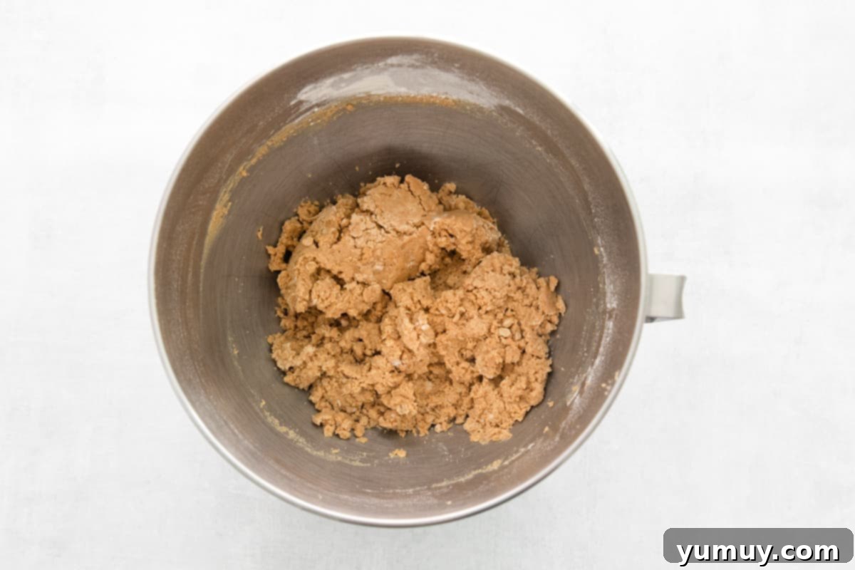 No-Bake Monster Cookie Dough 8 The mixing bowl now holds the developing cookie dough, showcasing its rich brown hue before mix-ins.