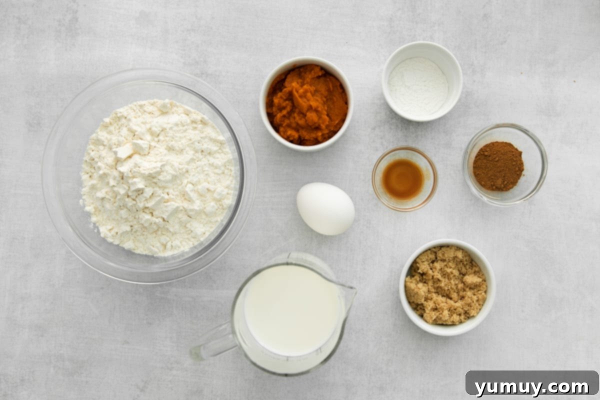 All the dry and wet ingredients for pumpkin pancakes laid out on a white background.