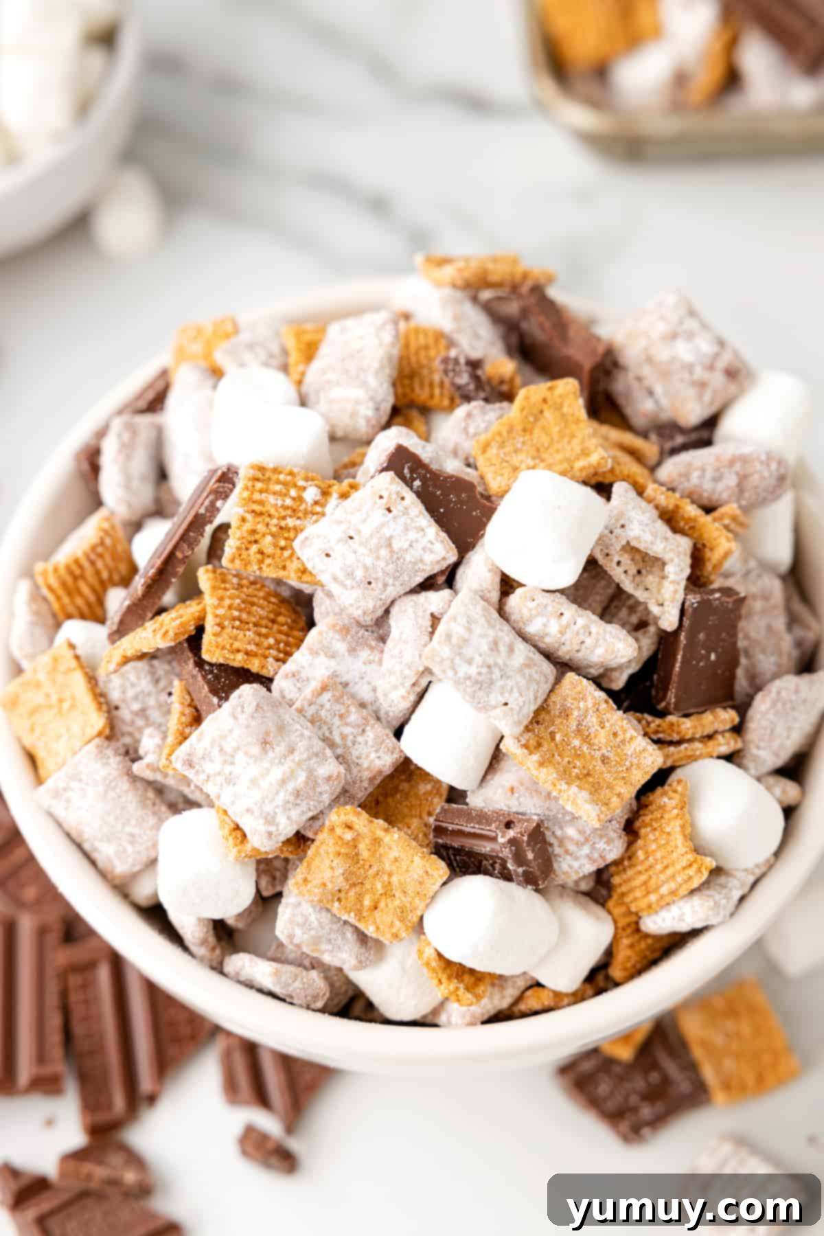 Campfire Crunch Bites 2 three-quarters view of a serving of s'mores puppy chow in a white bowl.