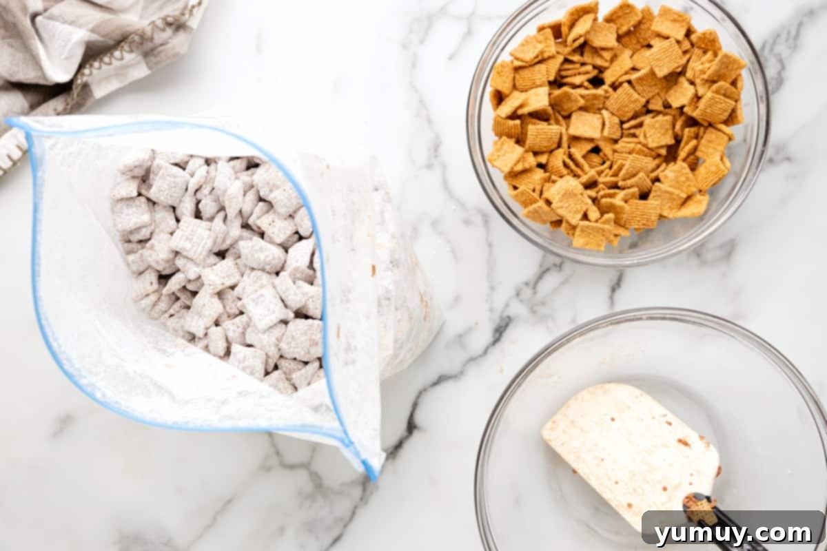 Campfire Crunch Bites 12 sugar-coated s'mores puppy chow in a ziplock bag.