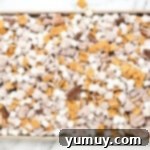 Campfire Crunch Bites 8 chocolate pieces and mini marshmallows added to s'mores puppy chow on a lined baking sheet.