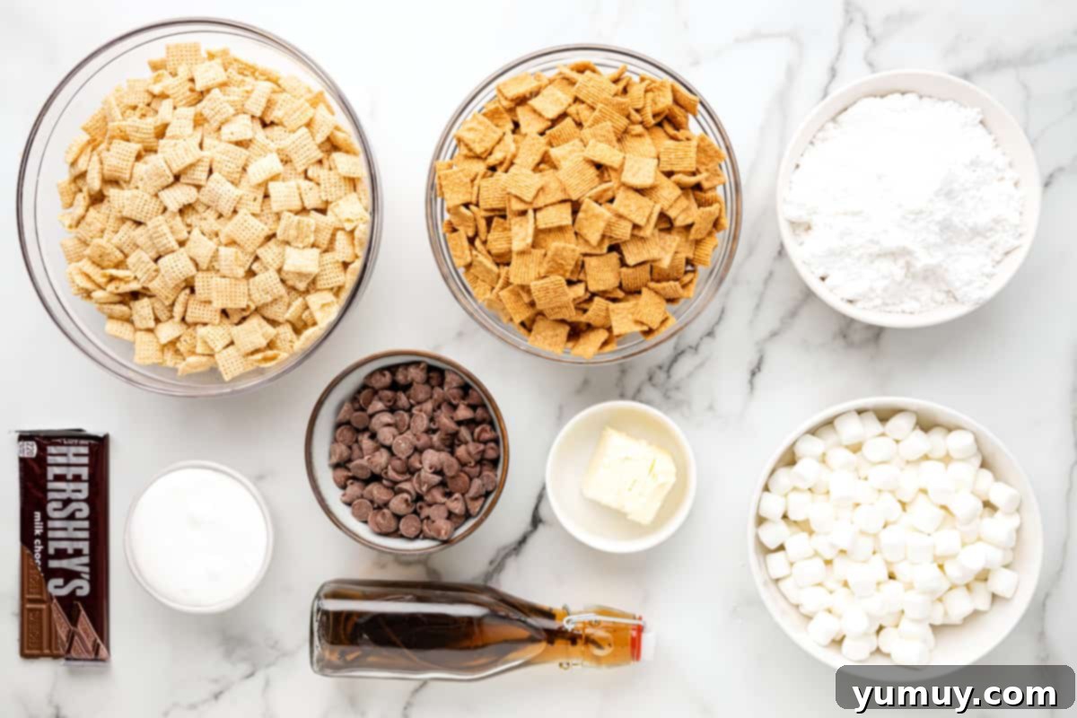 Campfire Crunch Bites 9 overhead view of ingredients for s'mores puppy chow snack mix.