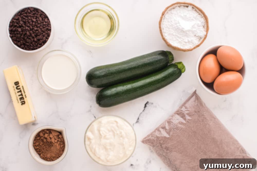 Luscious Chocolate Zucchini Bundt 5 Overhead view of ingredients for chocolate zucchini bundt cake.