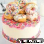 three-quarters view of frosted donut cake topped with mini donuts.