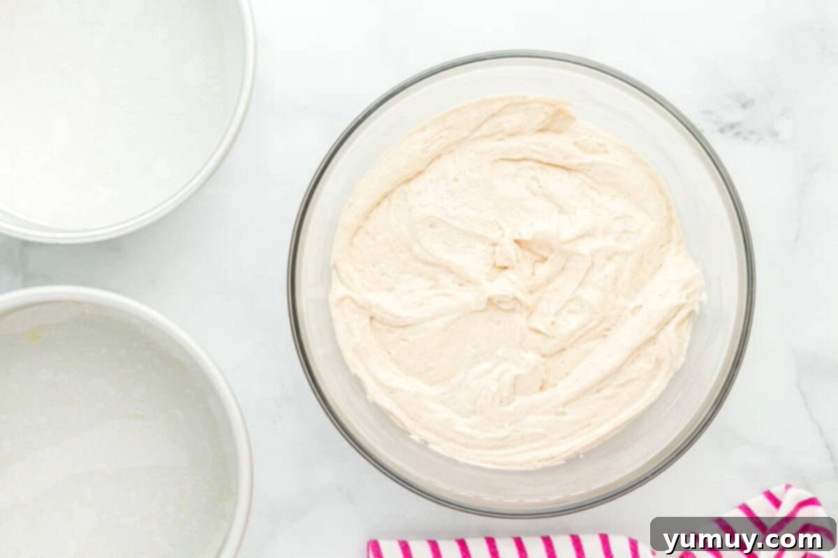 cake batter in a glass bowl.