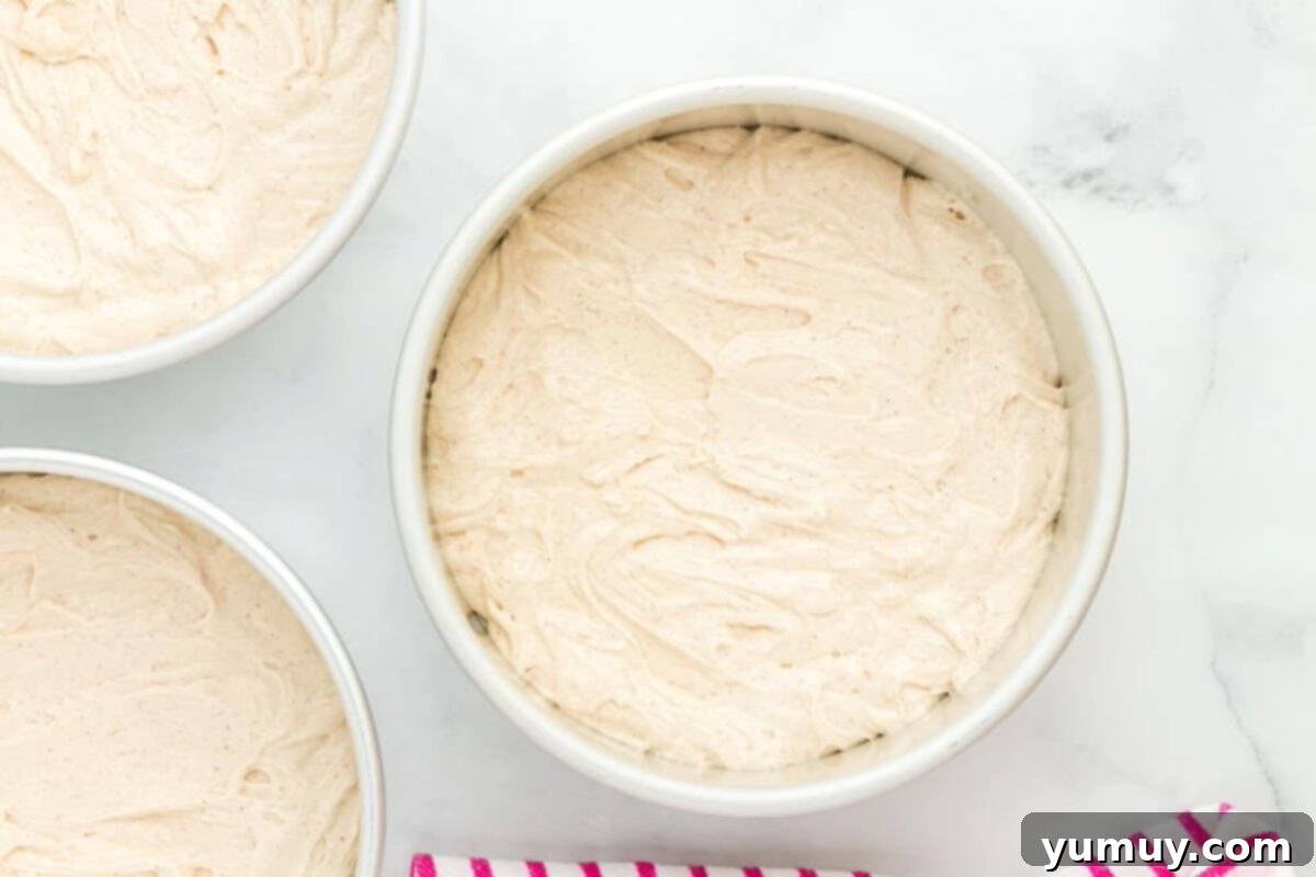 cake batter in round cake pans.