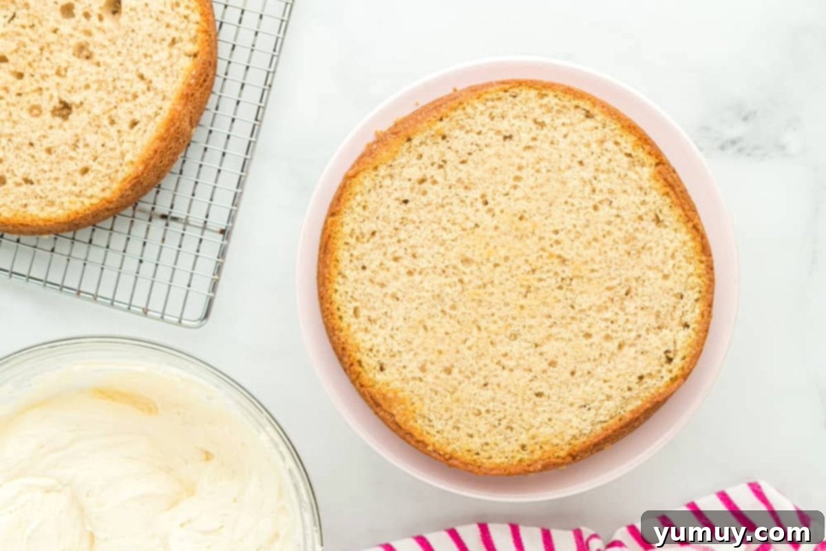 a leveled layer of donut cake on a cake stand.