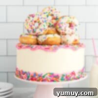 a pink cake with sprinkles and donuts on top.