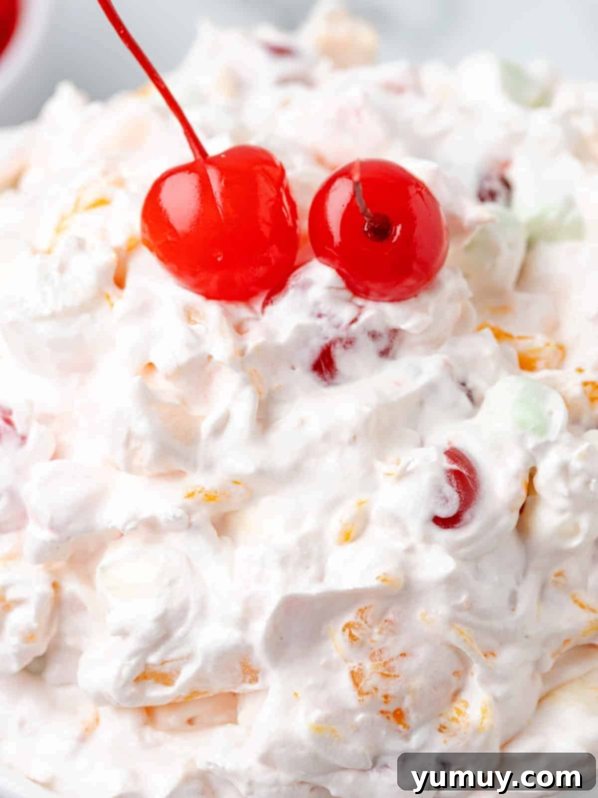 Close up view of fluffy ambrosia salad in a white bowl with vibrant maraschino cherries on top, ready to serve.