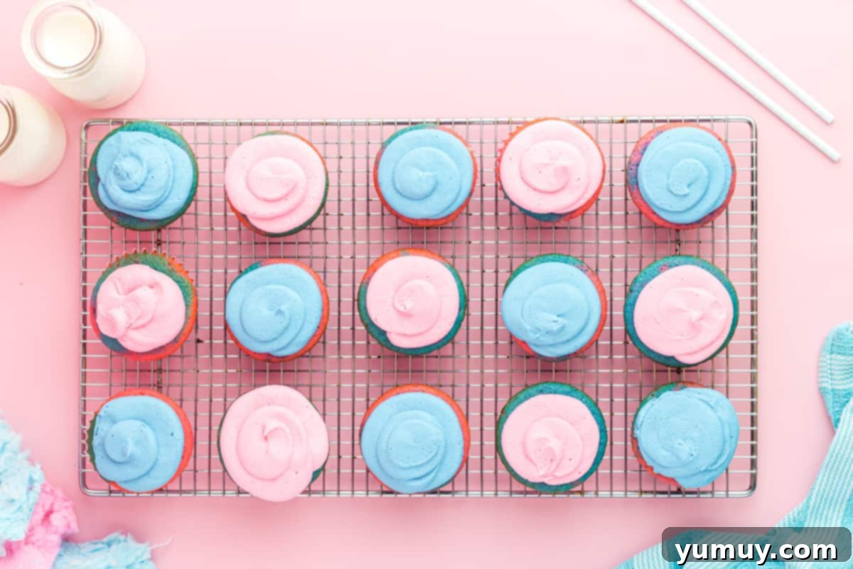 overhead view of 15 cotton candy cupcakes on a wire cooling rack.