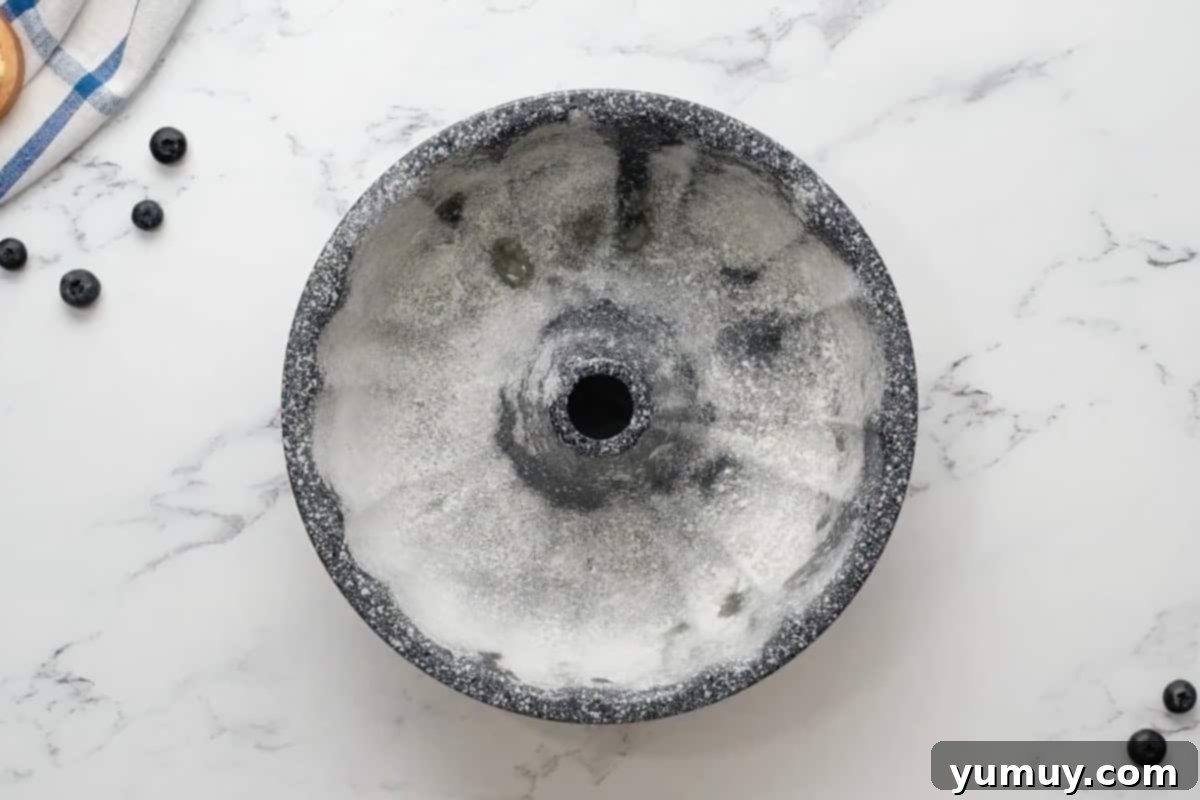 Bursting Blueberry Bundt 16 A perfectly greased and floured bundt cake pan, ready for the batter.