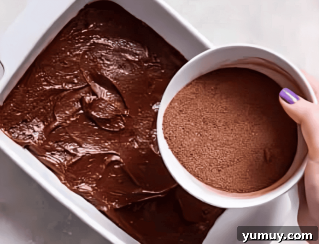 pouring cocoa powder over chocolate cobbler batter in a baking dish.