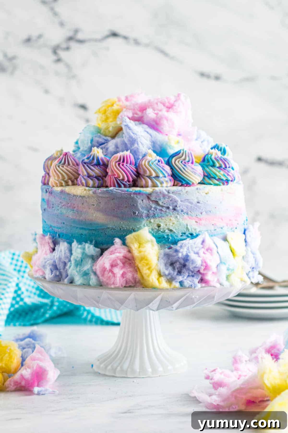 cotton candy cake on cake stand