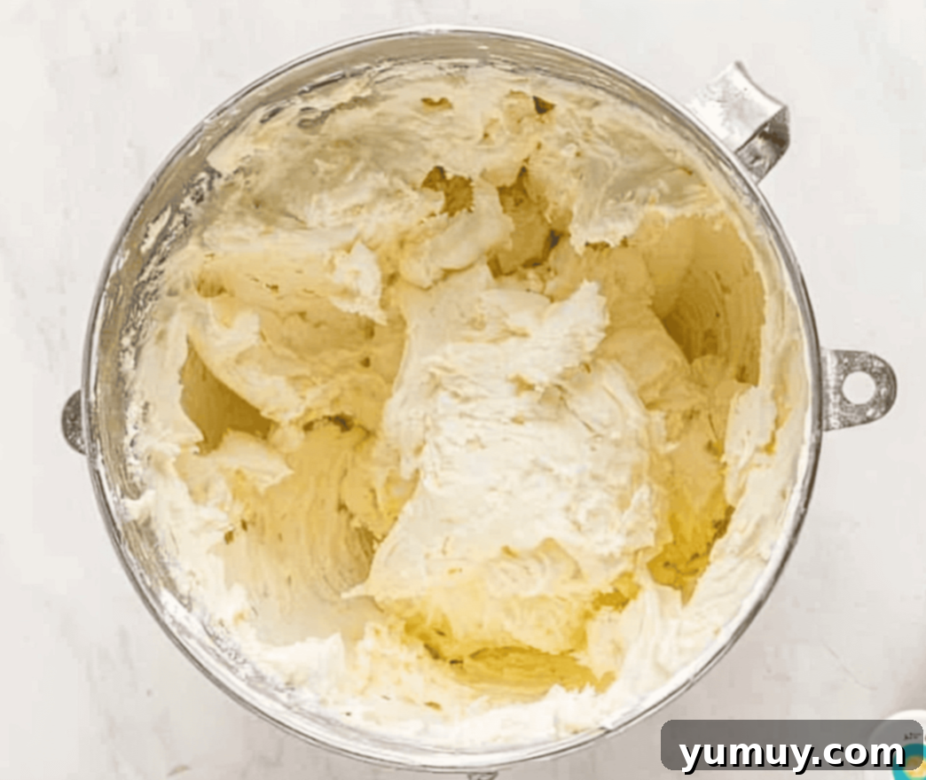 fluffy frosting in a stand mixer bowl.