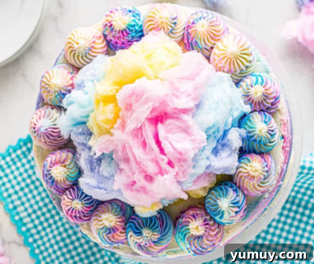 overhead view of frosted cotton candy cake with cotton candy on top.