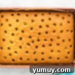 A baked vanilla cake in a rectangular pan with numerous holes poked into its surface, ready for the Jell-O filling.