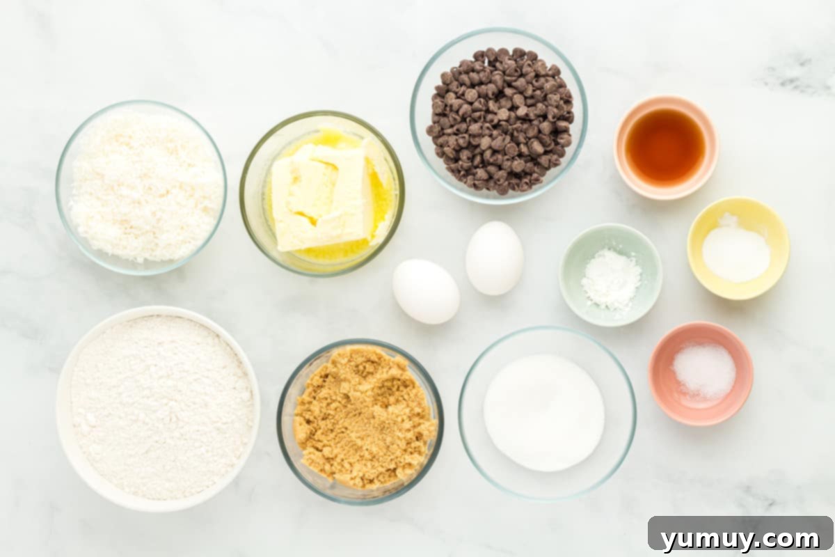 Tropical Coconut Chocolate Chip Delight 11 overhead view of ingredients for coconut chocolate chip cookies laid out on a surface, including a bowl with mixed dry ingredients.