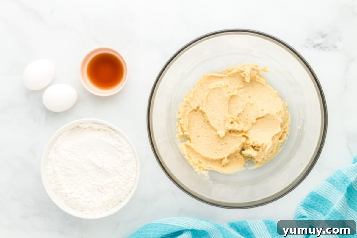 Tropical Coconut Chocolate Chip Delight 12 creamed wet ingredients for coconut chocolate chip cookies in a glass bowl, showcasing a light and fluffy texture.