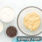 Tropical Coconut Chocolate Chip Delight 7 dry ingredients added to coconut chocolate chip cookie dough in a glass bowl.