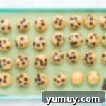 Tropical Coconut Chocolate Chip Delight 9 27 coconut chocolate chip cookie dough balls on a blue baking sheet with chocolate chips pressed into them.