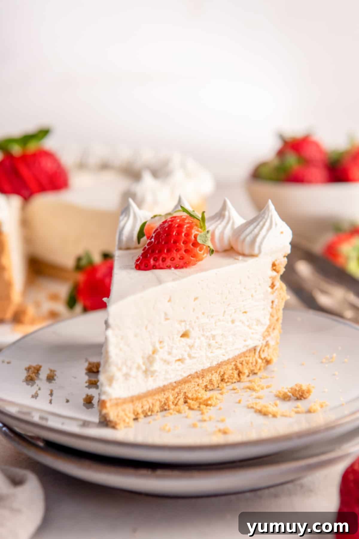 A beautifully presented slice of no-bake cheesecake on a white plate, elegantly topped with a dollop of whipped cream and a fresh, vibrant strawberry, ready to be enjoyed.