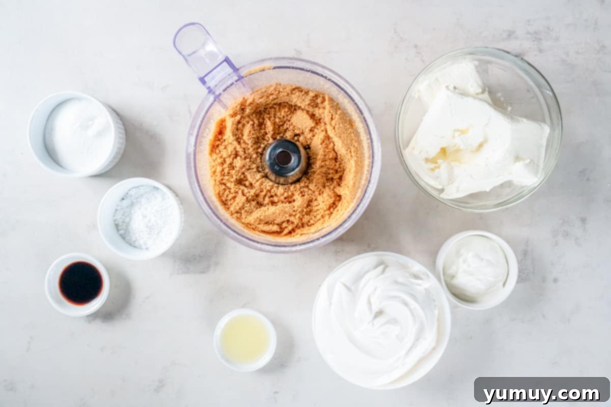 Overhead view of graham cracker crumbs, brown sugar, and melted butter being mixed together in a bowl, forming the base for the cheesecake crust.