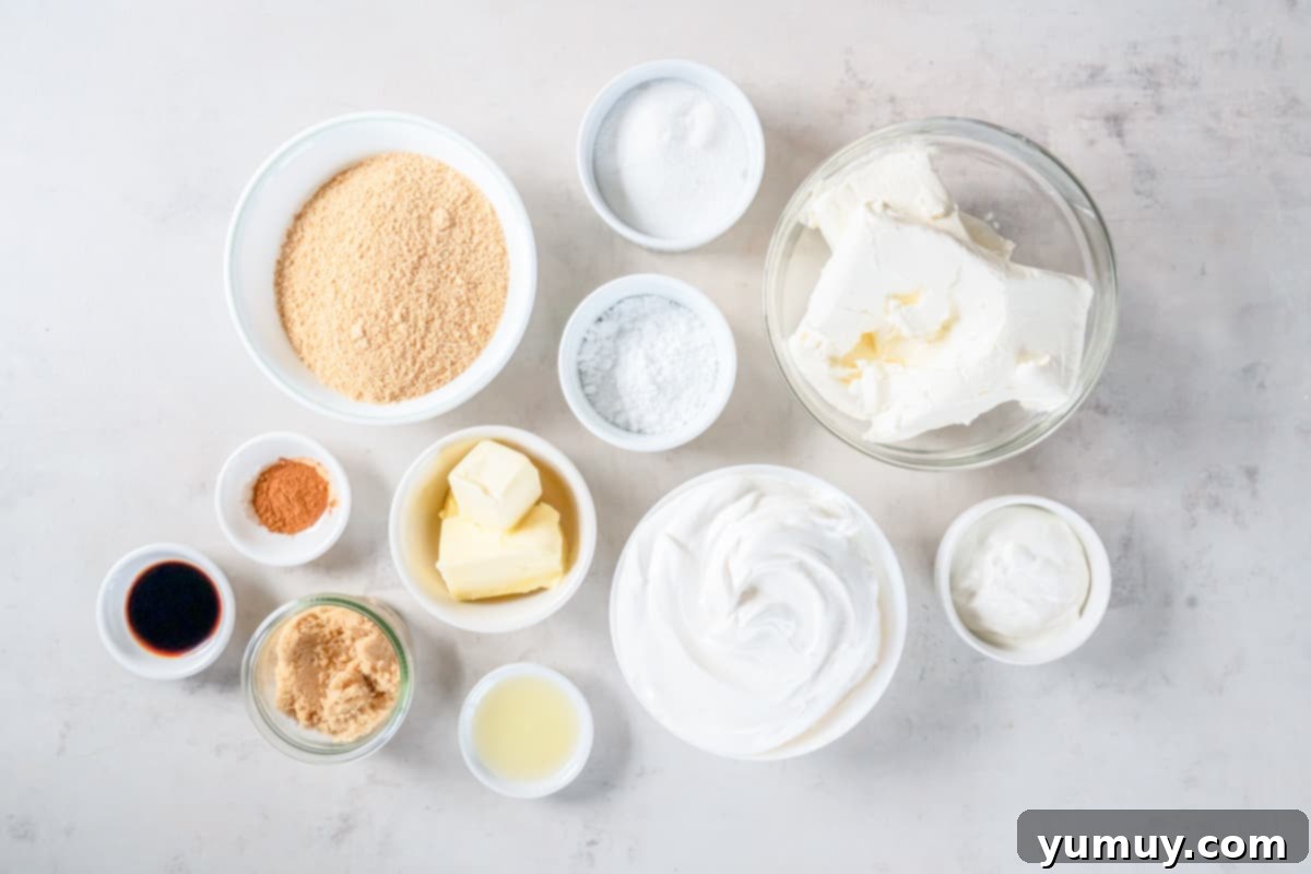 An overhead shot showcasing all the essential ingredients for making a no-bake cheesecake, neatly arranged and ready for preparation.