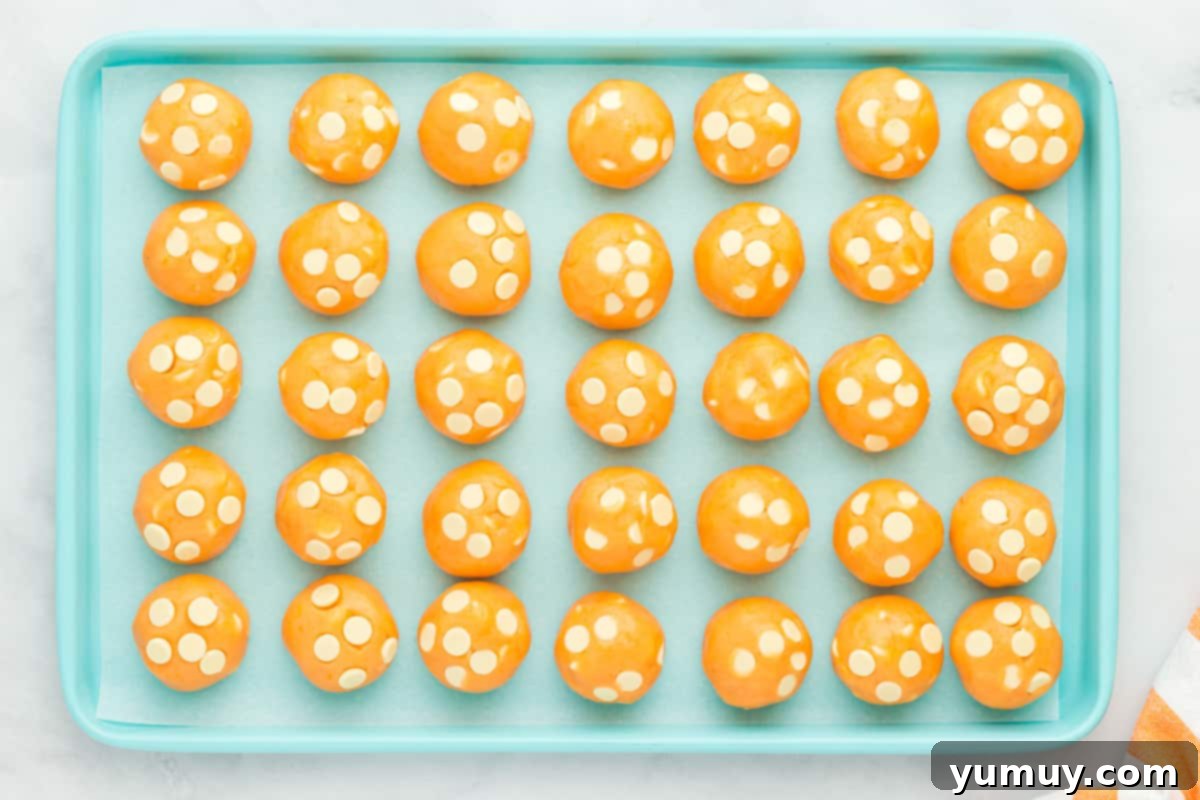 overhead view of 35 orange creamsicle cookie dough balls on a blue baking sheet.