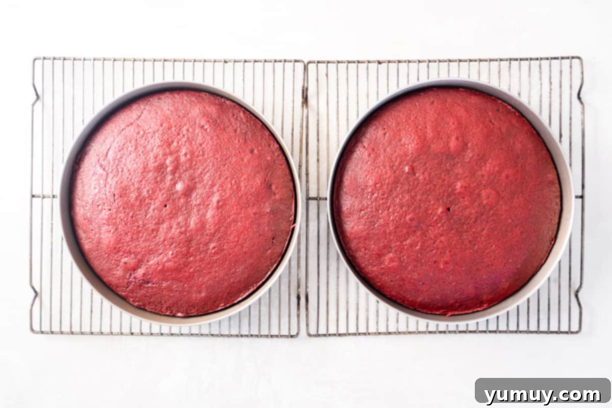 Effortless Red Velvet Cake from a Mix 20 2 baked red velvet cake layers in round cake pans on a wire cooling rack.