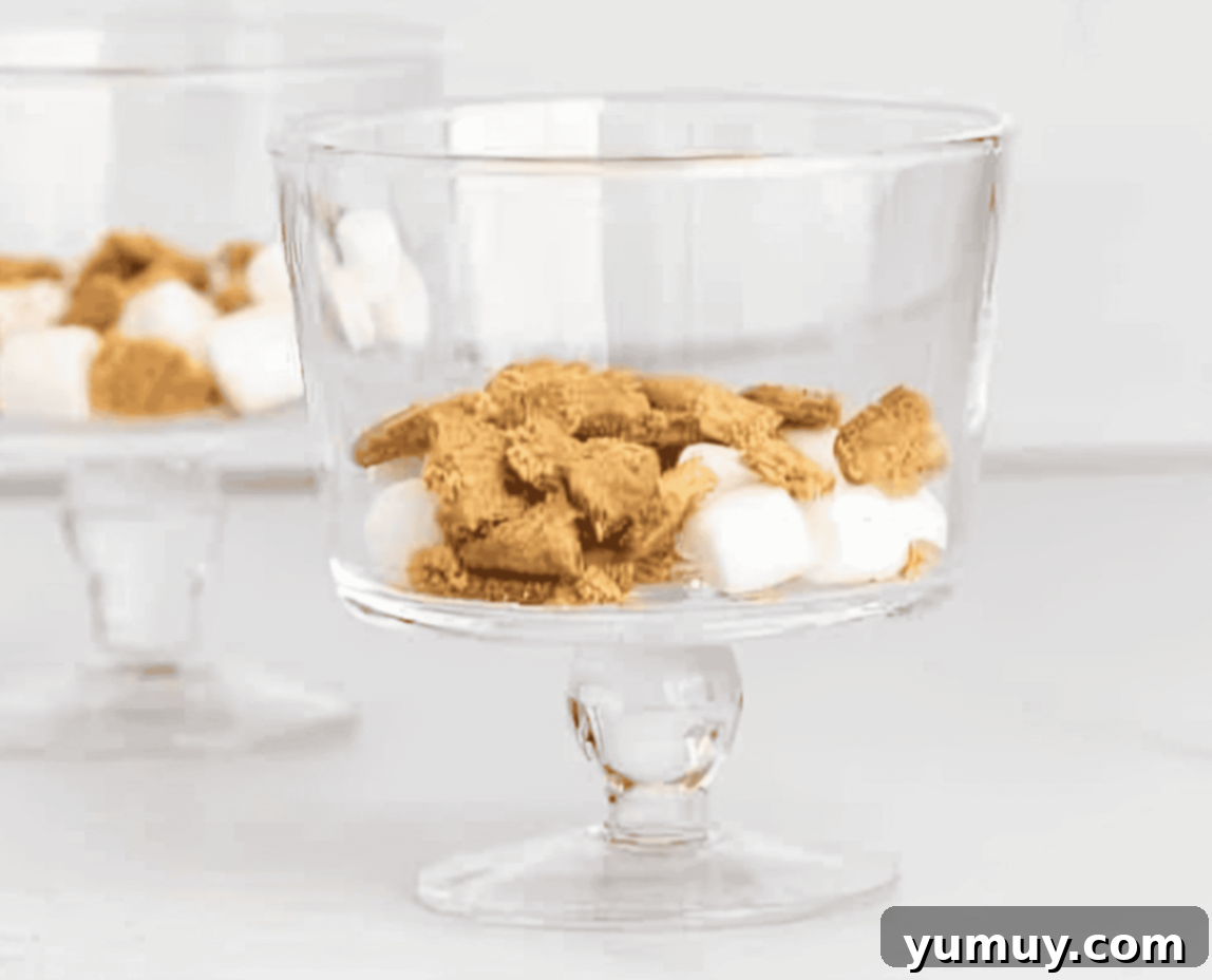 Layered S'mores Delight 13 marshmallows and graham crackers in a trifle dish.